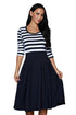 Navy White Stripes Scoop Neck Sleeved Casual Swing Dress